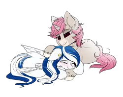 Size: 1602x1271 | Tagged: safe, artist:confetticakez, derpibooru import, oc, oc:intrepid charm, oc:jet stream, pegasus, pony, unicorn, blushing, chest fluff, cuddling, cute, ear fluff, female, hug, male, mare, ocbetes, simple background, snuggling, stallion, transparent background, unshorn fetlocks