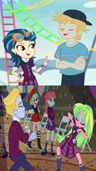 Size: 636x1138 | Tagged: safe, derpibooru import, screencap, drama letter, indigo zap, lemon zest, lemonade blues, melon mint, suri polomare, watermelody, equestria girls, equestria girls series, friendship games, rollercoaster of friendship, background human, clothes, club can't handle me, cropped, dancing, end credits, female, goggles, male, right there in front of me, roller coaster, skirt, spoiler, that face