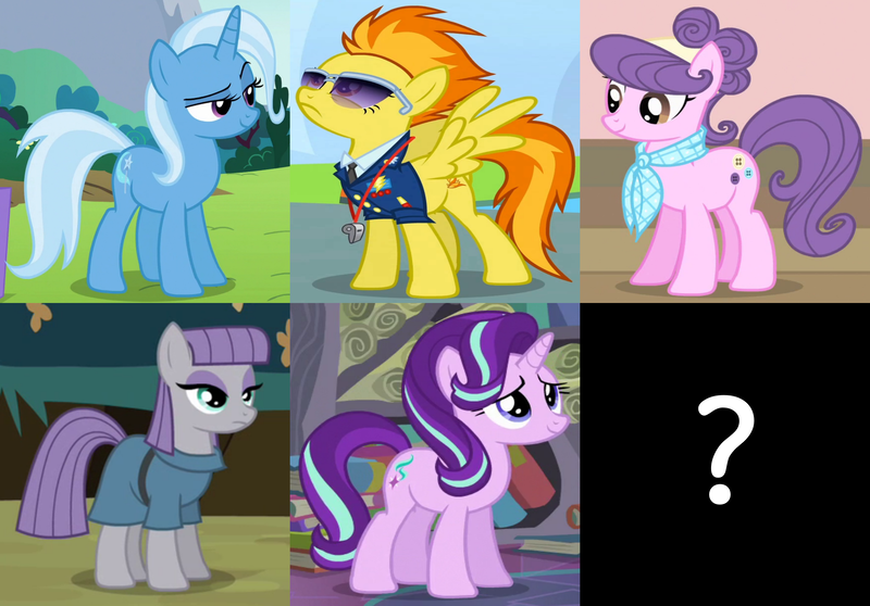 Size: 2202x1536 | Tagged: safe, derpibooru import, edit, edited screencap, screencap, maud pie, spitfire, starlight glimmer, suri polomare, trixie, earth pony, pegasus, pony, unicorn, maud pie (episode), no second prances, rarity takes manehattan, the crystalling, wonderbolts academy, alternate mane six, clothes, collage, cropped, female, mare, question mark, reformed, uniform, wonderbolts dress uniform