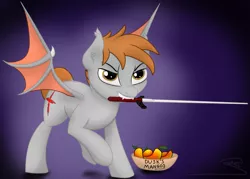 Size: 2929x2099 | Tagged: safe, artist:soctavia, derpibooru import, oc, oc:dusk mane, bat pony, angry, bat pony oc, bat wings, fighting stance, food, mango, simple background, solo, sword, weapon, wings