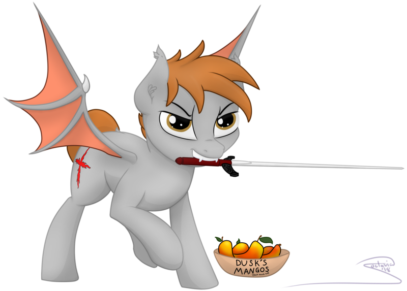 Size: 2929x2099 | Tagged: safe, artist:soctavia, derpibooru import, oc, oc:dusk mane, bat pony, angry, bat pony oc, bat wings, fighting stance, food, mango, simple background, solo, sword, transparent background, weapon, wings