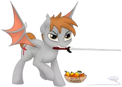 Size: 2929x2099 | Tagged: safe, artist:soctavia, derpibooru import, oc, oc:dusk mane, bat pony, angry, bat pony oc, bat wings, fighting stance, food, mango, simple background, solo, sword, transparent background, weapon, wings