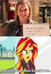 Size: 743x1070 | Tagged: safe, derpibooru import, editor:scrounge, screencap, sunset shimmer, human, equestria girls, rainbow rocks, 22 questions from creationists, caption, crossed arms, image macro, irl, irl human, meme, misspelling, notebook, photo, pun, religion, sign, sunset shimmer is not amused, text, unamused