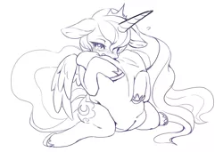 Size: 920x629 | Tagged: safe, artist:yoona, derpibooru import, princess luna, alicorn, pony, blushing, crown, floppy ears, horseshoes, hug, jewelry, monochrome, pillow, pillow hug, regalia, solo