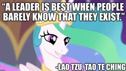 Size: 1280x720 | Tagged: caption, celestia defence, celestialove, derpibooru import, edit, edited screencap, editor:useraccount, image macro, lao tzu, meme, princess celestia, quote, safe, screencap, taoism, tao te ching, text, truth, uselesstia, wisdom