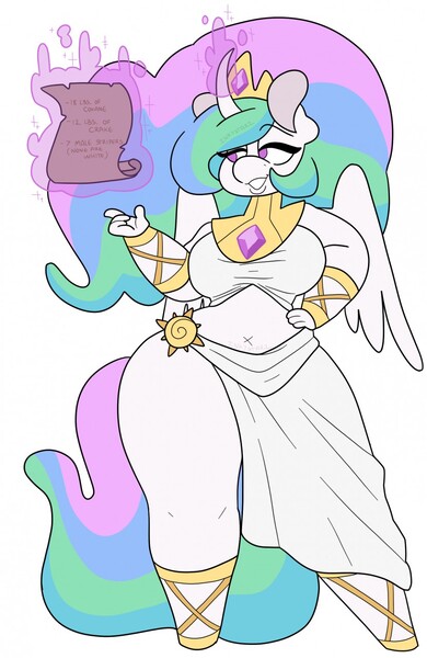 Size: 831x1280 | Tagged: alicorn, anthro, artist:inkystarz, breasts, busty princess celestia, clothes, curved horn, curvy, derpibooru import, female, horn, lidded eyes, magic, princess celestia, scroll, simple background, solo, solo female, suggestive, telekinesis, unguligrade anthro, white background, wide hips