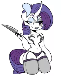 Size: 1152x1440 | Tagged: suggestive, artist:inkystarz, derpibooru import, rarity, anthro, unicorn, lil-miss rarity, belly button, breasts, clothes, curved horn, female, garter belt, horn, knife, lidded eyes, looking at you, simple background, socks, thigh highs, white background