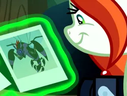 Size: 813x615 | Tagged: camera, changeling mega evolution, chrysalis' picture, crackle cosette, cropped, derpibooru import, disguise, disguised changeling, edit, edited screencap, exploitable meme, meme, pharynx, polaroid, queen chrysalis, safe, screencap, solo, the mean 6, to change a changeling