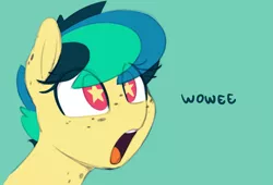 Size: 1063x721 | Tagged: safe, artist:shinodage, derpibooru import, oc, oc:apogee, unofficial characters only, pegasus, pony, amazed, bust, dialogue, female, filly, green background, open mouth, reaction image, simple background, solo, starry eyes, stars, wingding eyes, wow