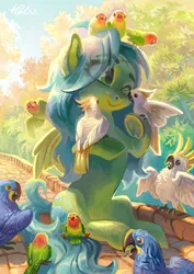 Size: 2059x2913 | Tagged: safe, artist:holivi, derpibooru import, oc, oc:cloud-up, bird, cockatoo, earth pony, hyacinth macaw, macaw, parrot, pony, commission, female, lovebird, mare, one eye closed, sky, smiling, tree