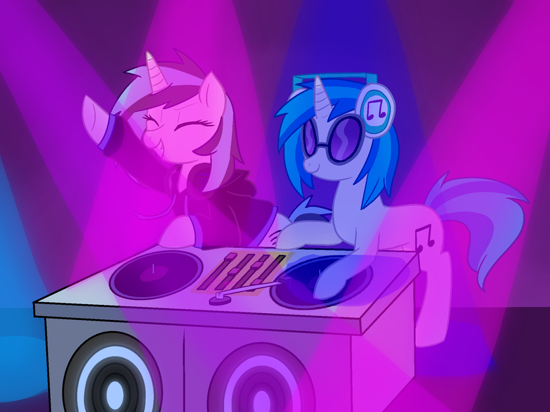 Size: 2000x1500 | Tagged: safe, artist:jagga-chan, derpibooru import, vinyl scratch, oc, oc:electro charge, pony, unicorn, clothes, female, headphones, hoodie, mare, turntable