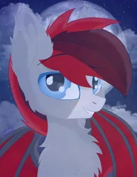 Size: 1200x1551 | Tagged: safe, artist:wulfieshydev, derpibooru import, oc, unofficial characters only, bat pony, pony, bat pony oc, bat wings, bust, chest fluff, commission, happy, icon, night, solo, wings