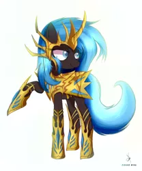 Size: 1000x1200 | Tagged: safe, artist:zidanemina, derpibooru import, oc, oc:tenebris, unofficial characters only, pony, anime, armor, background removed, crossover, female, gold saint, image, jpeg, mare, raised hoof, saint seiya, simple background, soo, white background