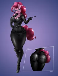 Size: 900x1177 | Tagged: suggestive, artist:pia-sama, artist:tofutiles, derpibooru import, pinkie pie, anthro, earth pony, ass, bedroom eyes, boots, breasts, busty pinkie pie, butt, catsuit, clothes, dominatrix, female, floppy ears, hand on hip, high heel boots, hips, jeans, kinkie pie, latex, lidded eyes, looking at you, mare, pants, pockets, riding crop, shoes, skintight clothes, smiling, solo, solo female, standing, tail, the ass was fat, wide hips