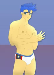 Size: 1600x2200 | Tagged: suggestive, artist:supermaxx92, derpibooru import, flash sentry, equestria girls, briefs, clothes, male, solo, solo male, speedo, underwear