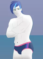 Size: 1600x2200 | Tagged: suggestive, artist:supermaxx92, derpibooru import, shining armor, equestria girls, alumnus shining armor, briefs, clothes, male, partial nudity, solo, solo male, speedo, topless, underwear