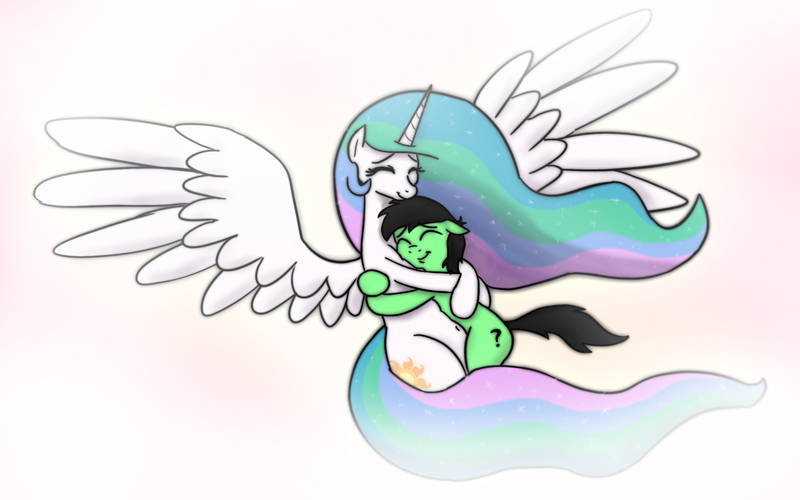 Size: 2480x1551 | Tagged: safe, artist:banebuster, derpibooru import, princess celestia, oc, oc:anon, oc:anon stallion, alicorn, anonymous, belly button, bronybait, cuddling, cute, cutelestia, embrace, eyes closed, female, glow, happy, hnnng, hug, image, jpeg, love, male, mare, missing accessory, question mark, simple background, snuggling, soft, spread wings, stallion, warm, wings
