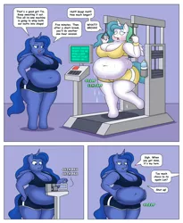 Size: 3600x4400 | Tagged: anthro, artist:lordstormcaller, bbw, belly, belly button, big belly, bikini, booty shorts, breasts, busty princess celestia, busty princess luna, chocoluna, chubby cheeks, chubbylestia, clothes, derpibooru import, dialogue, fat, luna loves chocolate, obese, princess celestia, princess luna, princess moonpig, scale, series:the royal sisters saga, suggestive, sweat, swimsuit, that pony sure does love chocolate, unguligrade anthro