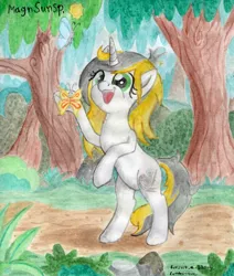 Size: 2441x2885 | Tagged: safe, artist:magnifsunspiration, derpibooru import, oc, oc:yellowglaze, unofficial characters only, butterfly, pony, unicorn, traditional art