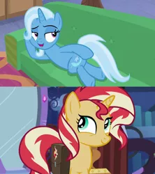 Size: 1280x1440 | Tagged: safe, derpibooru import, edit, edited screencap, screencap, sunset shimmer, trixie, pony, unicorn, equestria girls, mirror magic, road to friendship, spoiler:eqg specials, color error, couch, draw me like one of your french girls, female, lesbian, looking back, mare, prone, shipping, suntrix