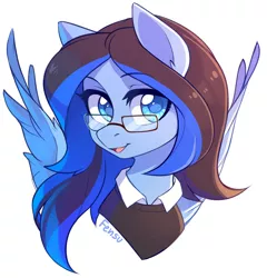 Size: 2510x2610 | Tagged: safe, artist:fensu-san, derpibooru import, oc, oc:stormquill, unofficial characters only, pegasus, pony, bust, clothes, female, glasses, high res, looking at you, mare, open mouth, portrait, simple background, sketch, solo, white background