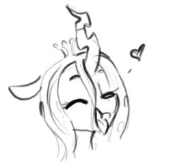 Size: 366x352 | Tagged: safe, artist:dimfann, derpibooru import, queen chrysalis, changeling, changeling queen, pony, female, grayscale, happy, heart, monochrome, sketch, smiling, solo, tongue out