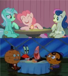 Size: 843x948 | Tagged: bon bon, comparison, culture shock, derpibooru import, edit, edited screencap, lyra heartstrings, mr. krabs, patrick star, pinkie pie, safe, screencap, spongebob squarepants, sweetie drops, the maud couple