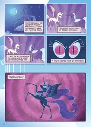 Size: 900x1260 | Tagged: safe, derpibooru import, nightmare moon, princess celestia, princess luna, alicorn, pony, armor, cloud, comic, ethereal mane, female, hooves, horn, mare, moon, night, night sky, on a cloud, pink-mane celestia, pointy ponies, royal sisters, siblings, sisters, sky, spread wings, standing on cloud, storybook, wings