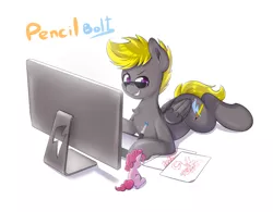 Size: 1024x800 | Tagged: safe, artist:tikrs007, derpibooru import, pinkie pie, oc, oc:pencil bolt, pegasus, pony, computer, drawing, drawing tablet, glasses, looking at you, lying, male, mane, monitor, prone, simple background, solo, stallion, sunglasses, tablet, toy, white background