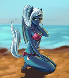 Size: 2000x2272 | Tagged: suggestive, artist:derpifecalus, derpibooru import, oc, oc:first drop, unofficial characters only, anthro, bat pony, bat pony oc, bat wings, beach, belly button, bikini, breasts, clothes, commission, female, looking at you, mare, ocean, ponytail, solo, swimsuit, tail, tail lift, wings, ych result