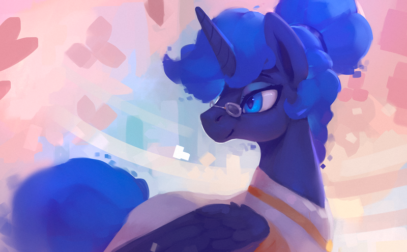 Size: 1100x681 | Tagged: safe, artist:rodrigues404, derpibooru import, princess luna, alicorn, pony, abstract background, alternate hairstyle, clothes, digital art, female, glasses, hair bun, mare, short hair, short mane, smiling, solo