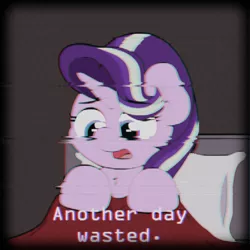 Size: 788x788 | Tagged: safe, artist:ljdamz1119, derpibooru import, starlight glimmer, pony, bed, caption, depression, error, glitch, solo, vaporwave