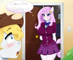 Size: 1460x1200 | Tagged: safe, artist:kaikururu, derpibooru import, fleur-de-lis, oc, oc:hickory switch, anthro, earth pony, unicorn, adorasexy, anthro oc, attached skirt, blushing, bow, breasts, bush, busty fleur-de-lis, canon x oc, clothes, commission, couch, cowboy hat, crystal prep academy uniform, cute, dialogue, fleurabetes, hairpin, hat, hickleur, moe, open mouth, pleated skirt, school uniform, sexy, shipping, skirt, stetson, surprised, thighs, ych result