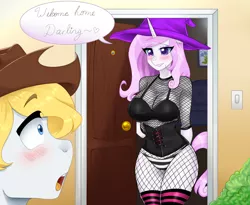 Size: 1460x1200 | Tagged: suggestive, alternate version, artist:kaikururu, derpibooru import, fleur-de-lis, oc, oc:hickory switch, anthro, earth pony, unicorn, adorasexy, anthro oc, blushing, bra, breasts, bush, busty fleur-de-lis, canon x oc, cleavage, clothes, commission, corset, couch, cowboy hat, cute, dialogue, fishnets, fleurabetes, hat, hickleur, moe, open mouth, sexy, shipping, socks, stetson, striped socks, striped underwear, surprised, thigh highs, thighs, underwear, witch hat, ych result