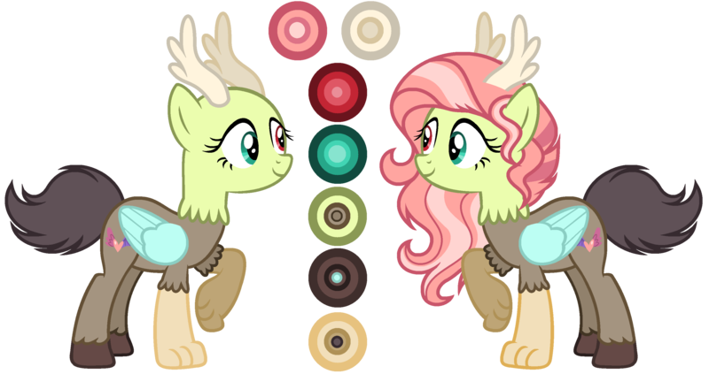 Size: 3052x1612 | Tagged: antlers, artist:diamond-chiva, bald, derpibooru import, female, heterochromia, hybrid, interspecies offspring, oc, oc:spring heart, offspring, parent:discord, parent:fluttershy, parents:discoshy, reference sheet, safe, simple background, solo, transparent background, unofficial characters only