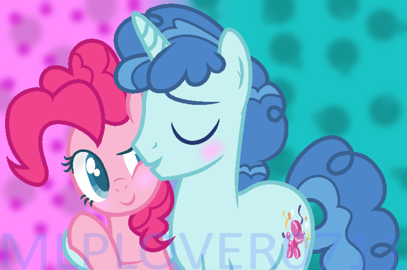 Size: 803x533 | Tagged: abstract background, artist:mlplover0711, base used, blushing, colored pupils, derpibooru import, eyes closed, female, hug, male, party favor, partypie, pinkie pie, safe, shipping, side hug, straight, watermark