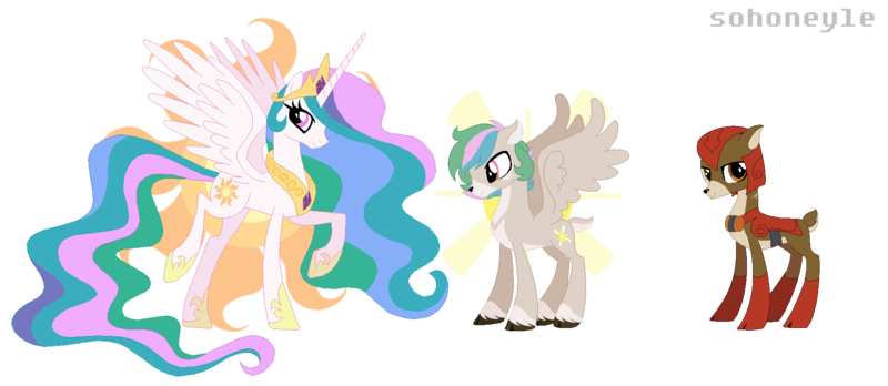 Size: 1706x742 | Tagged: safe, artist:sohoneyle, derpibooru import, blackthorn, princess celestia, oc, oc:heavenly, deer, deer pony, hybrid, original species, pony, base used, celesthorn, cutie mark background, female, interspecies offspring, male, mare, offspring, parent:blackthorn, parent:princess celestia, parents:celesthorn, raised hoof, shipping, signature, simple background, spread wings, straight, transparent background, wings