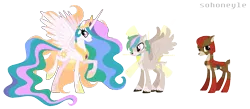 Size: 1706x742 | Tagged: safe, artist:sohoneyle, derpibooru import, blackthorn, princess celestia, oc, oc:heavenly, deer, deer pony, hybrid, original species, pony, base used, celesthorn, cutie mark background, female, interspecies offspring, male, mare, offspring, parent:blackthorn, parent:princess celestia, parents:celesthorn, raised hoof, shipping, signature, simple background, spread wings, straight, transparent background, wings