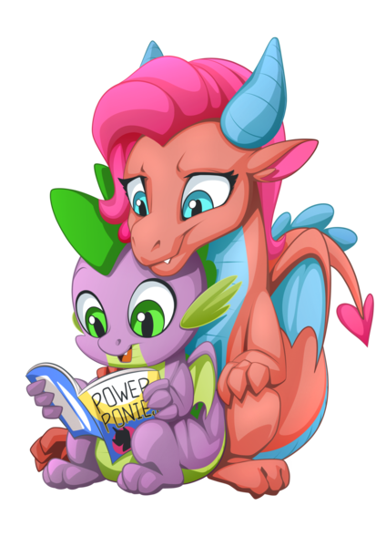 Size: 2171x3070 | Tagged: artist:mysticalpha, behind, comic, commission, cuddling, cute, derpibooru import, dragon, dragoness, female, friends forever, idw, looking down, male, mina, minabetes, open mouth, power ponies comic, reading, safe, shipping, simple background, sitting, smiling, spike, spina, spoiler:comic, spoiler:comicff14, spooning, straight, transparent background, winged spike