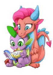 Size: 2171x3070 | Tagged: artist:mysticalpha, behind, comic, commission, cuddling, cute, derpibooru import, dragon, dragoness, female, friends forever, idw, looking down, male, mina, minabetes, open mouth, power ponies comic, reading, safe, shipping, simple background, sitting, smiling, spike, spina, spoiler:comic, spoiler:comicff14, spooning, straight, transparent background, winged spike