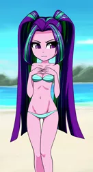 Size: 1200x2200 | Tagged: suggestive, artist:nekojackun, artist:twilite-sparkleplz, derpibooru import, aria blaze, equestria girls, adorasexy, aria flat, ariabetes, bandeau, beach, belly, belly button, bikini, bikini babe, breasts, cleavage, clothes, cute, delicious flat chest, embarrassed, eyebrows visible through hair, eyelashes, female, frown, hand on chest, looking away, micro bikini, midriff, ocean, petite, pigtails, sand, sexy, small breasts, solo, solo female, stupid sexy aria blaze, swimsuit, thigh gap, tsundaria, twintails, underass