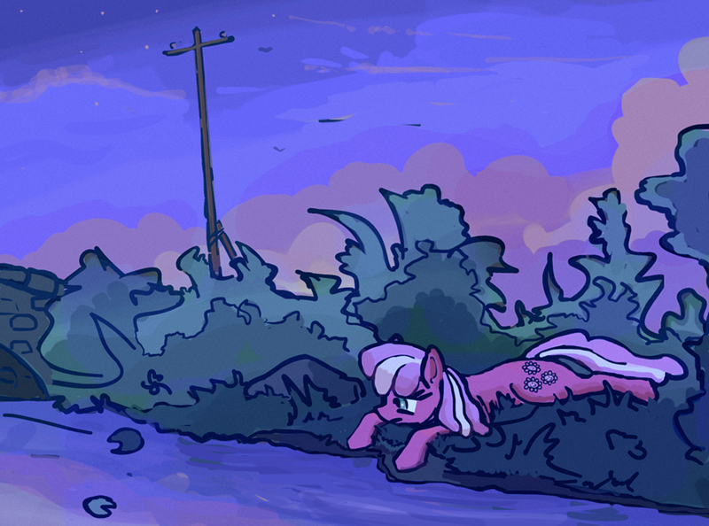 Size: 1024x760 | Tagged: safe, artist:agm, derpibooru import, cheerilee, earth pony, pony, bridge, dusk, electric pole, evening, female, mare, river, sad, sky, solo, stars, water