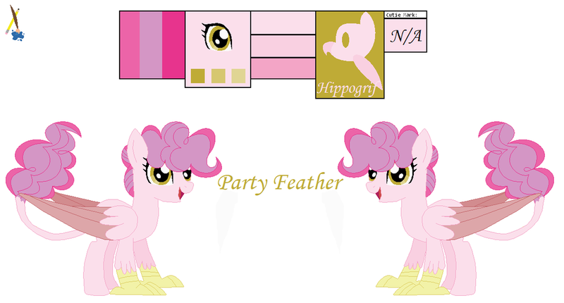 Size: 1024x551 | Tagged: artist:froggers1995, derpibooru import, female, hippogriff, hybrid, interspecies offspring, magical lesbian spawn, oc, oc:party feather, offspring, parent:gilda, parent:pinkie pie, parents:gildapie, reference sheet, safe, simple background, solo, unofficial characters only, white background