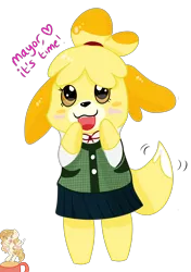 Size: 2106x3000 | Tagged: safe, artist:rainbowtashie, derpibooru import, sweet biscuit, animal crossing, bedroom eyes, cup, dunking, excited, food, heart, isabelle, looking at you, nintendo, nintendo switch, obligatory pony, open mouth, simple background, sweetbiscuit, tail wag, talking, talking to viewer, tea, tongue out, transparent background