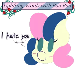 Size: 1400x1300 | Tagged: safe, artist:dragonpone, derpibooru import, bon bon, sweetie drops, earth pony, pony, blushing, bust, dialogue, female, i hate you, insult, lineless, mare, portrait, simple background, smiling, solo, transparent background