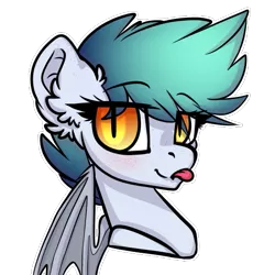 Size: 519x519 | Tagged: safe, artist:spoopygander, derpibooru import, oc, oc:stardust, unofficial characters only, bat pony, :p, bat ears, bat pony oc, bat wings, blushing, colored wings, ear fluff, fangs, female, freckles, looking at you, mare, multicolored eyes, multicolored hair, multicolored mane, multicolored wings, outline, shading, silly, simple background, slit pupils, smiling, solo, tongue out, transparent background, wings