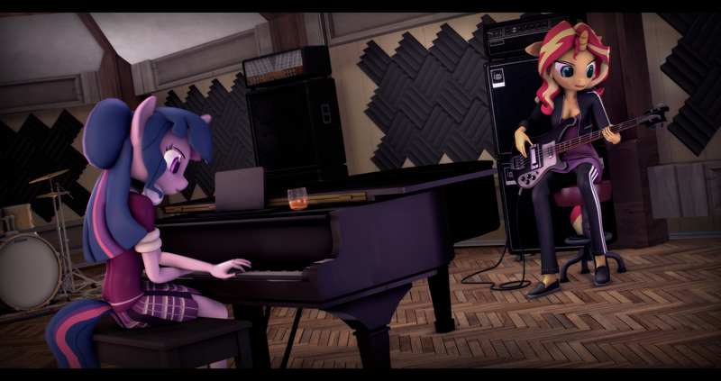 Size: 10220x5400 | Tagged: safe, artist:imafutureguitarhero, derpibooru import, sci-twi, sunset shimmer, twilight sparkle, anthro, plantigrade anthro, unicorn, 3d, absurd file size, absurd resolution, adidas, amplifier, bass guitar, black bars, breasts, cable, carpet, chair, chromatic aberration, cleavage, clothes, dress, drink, drum kit, drums, duo, female, film grain, floppy ears, freckles, glass, hair bun, headphones, jacket, leather jacket, mare, motion blur, multicolored hair, musical instrument, open mouth, pants, piano, playing instrument, recording studio, rickenbacker, shoes, signature, sitting, skirt, source filmmaker, stool, studio, tracksuit, wall of tags