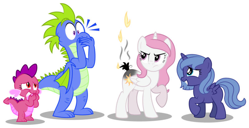 Size: 7051x3638 | Tagged: safe, artist:aleximusprime, derpibooru import, princess celestia, princess luna, oc, oc:penny the dragon, oc:percy the dragon, alicorn, dragon, pony, accident, angry, annoyed, burn, burnt, cewestia, covering mouth, cute, dragon oc, dragoness, female, filly, fire, kids, laughing, male, mare, oops, royal sisters, simple background, tail, transparent background, woona, young celestia, young luna, younger