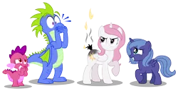 Size: 7051x3638 | Tagged: safe, artist:aleximusprime, derpibooru import, princess celestia, princess luna, oc, oc:penny the dragon, oc:percy the dragon, alicorn, dragon, pony, accident, angry, annoyed, burn, burnt, cewestia, covering mouth, cute, dragon oc, dragoness, female, filly, fire, kids, laughing, male, mare, oops, royal sisters, simple background, tail, transparent background, woona, young celestia, young luna, younger