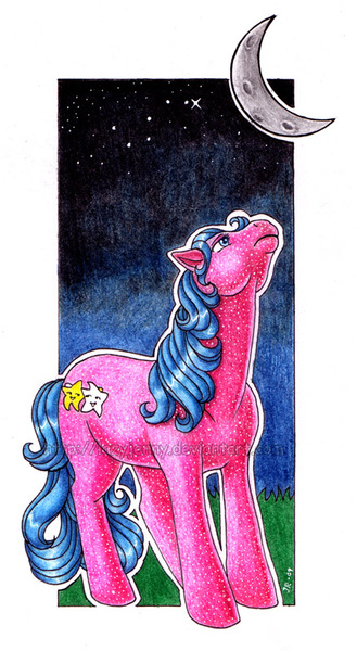 Size: 439x800 | Tagged: artist:lazyjenny, derpibooru import, g1, looking up, moon, night, safe, sparkle pony, stardancer, stargazing, traditional art